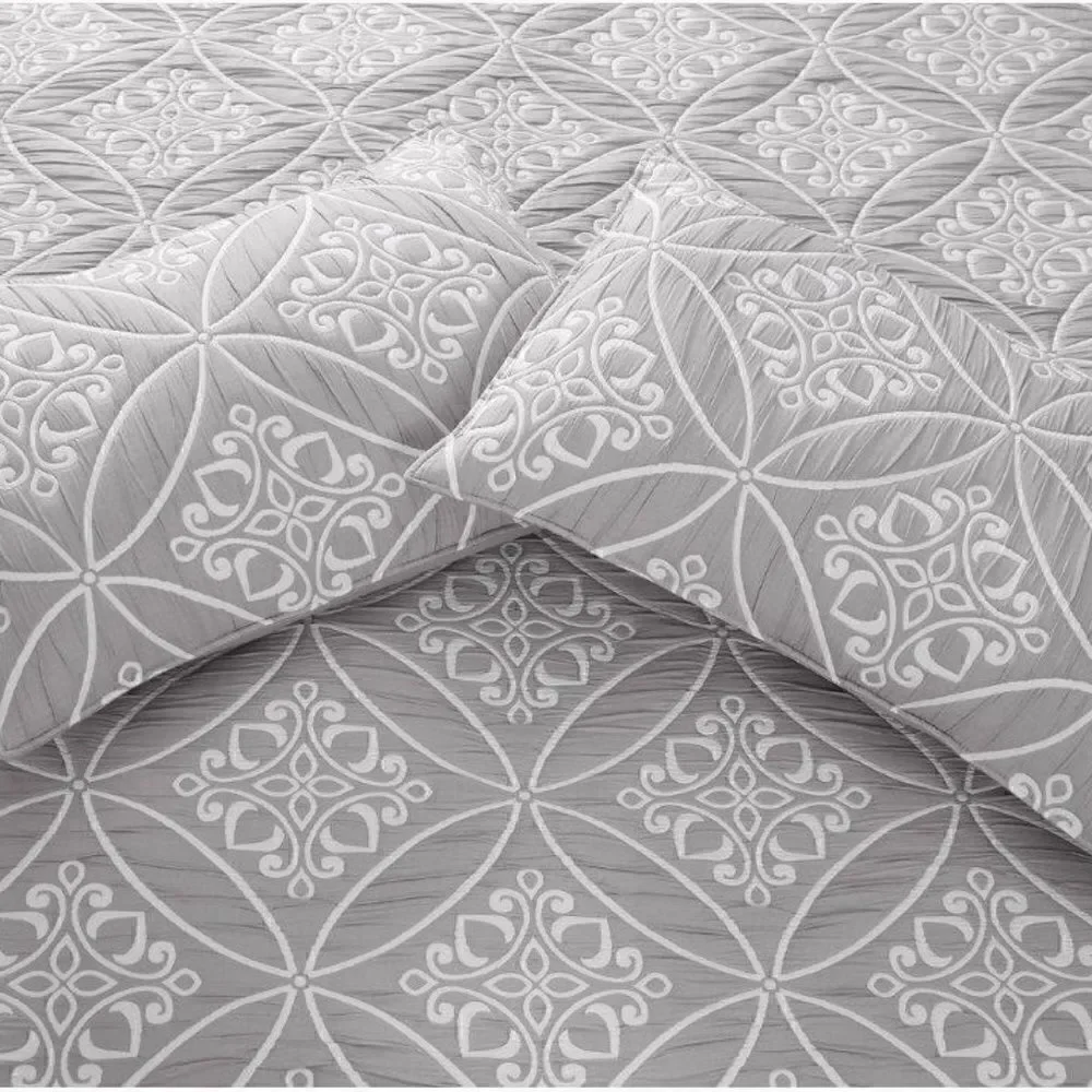Jacquard Grey Mandala Pattern King Quilt Set Beautiful Farmhouse Cottage Design